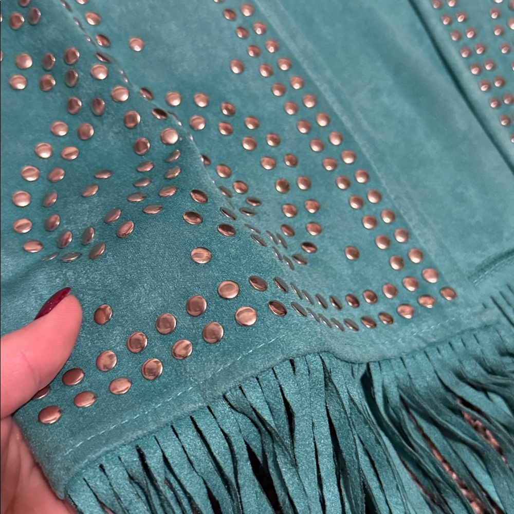 Teal Fringe Vest with Studded Design - Picture 2 of 6